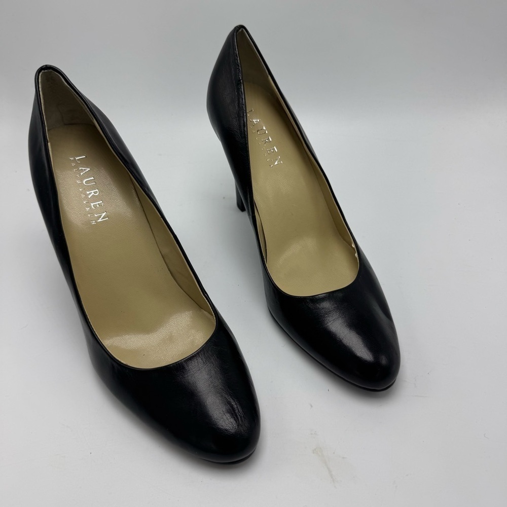 Ralph Lauren Zabrina Black Leather Stacked Heel Womens Size 7 B Platform Classic